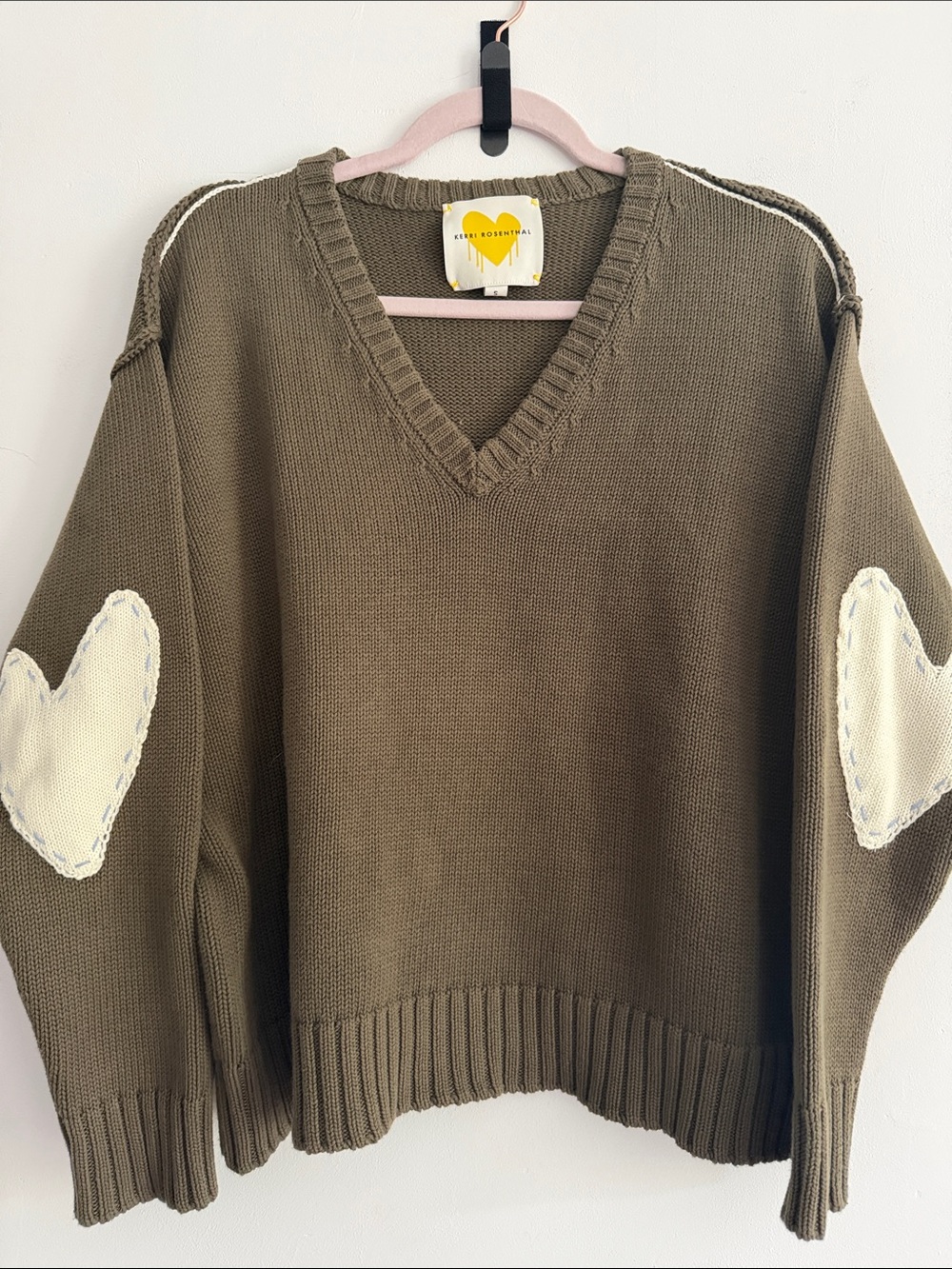 Kerri Rosenthal Olive V-Neck Sweater with Cream Heart Elbow Patches